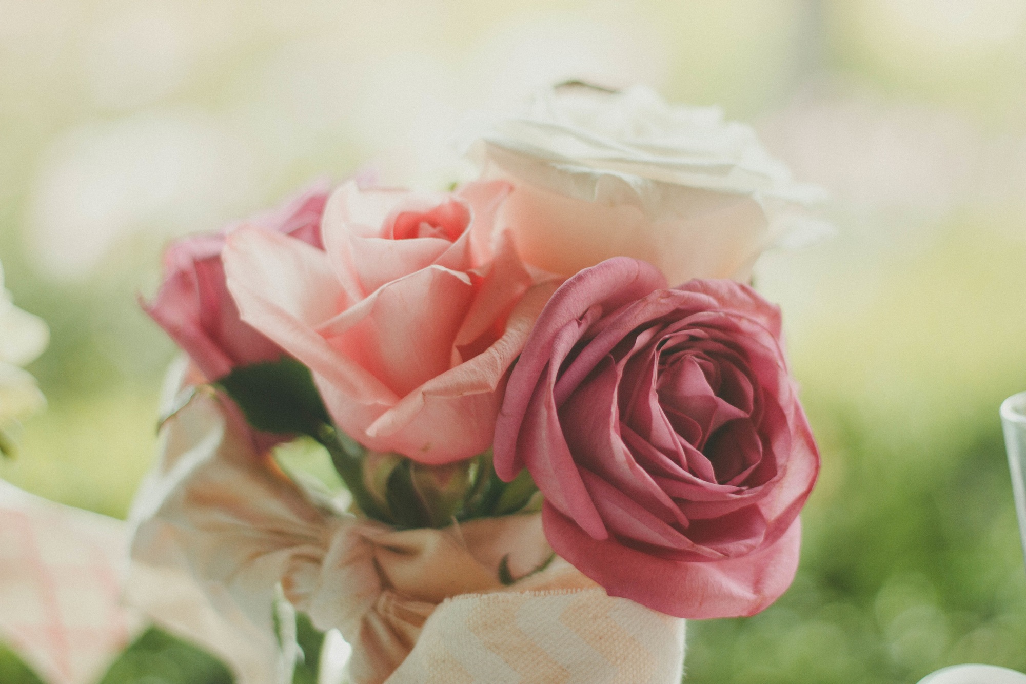 A small bunch of garden roses in soft morning light, wrapped in cloth, on a table outside the finca