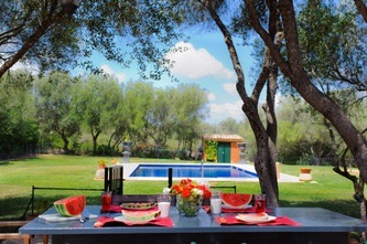 A table set in the shade of the olive trees: watermelon, red placemats and a jug of red roses, the pool bright beyond