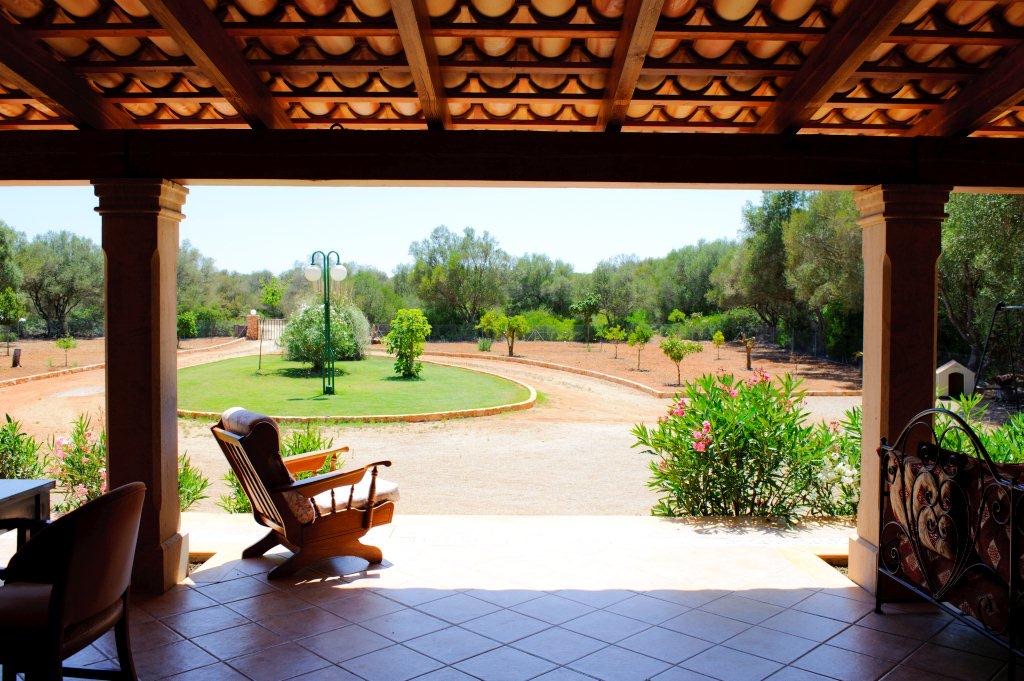 The view out from under the tiled pergola: a wooden rocking chair, oleander in flower, the circular lawn and olive grove beyond